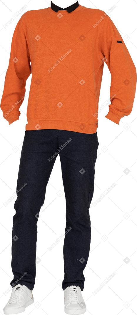 Sweat orange avec col noir et pantalon bleu foncé