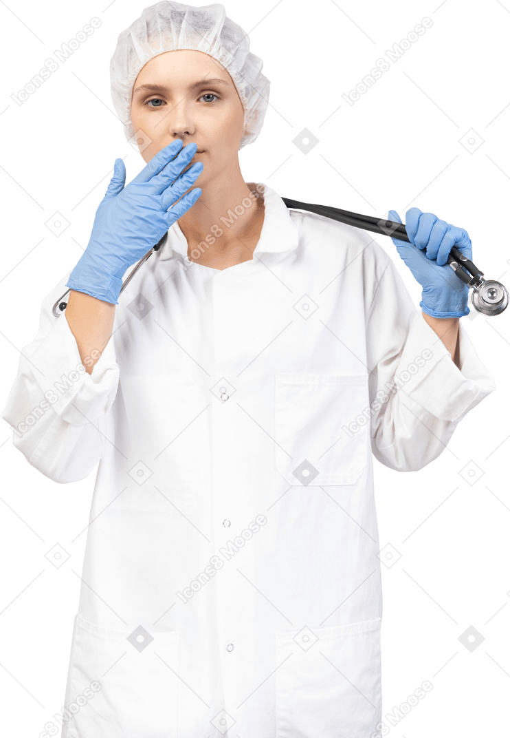 Vista frontale di una giovane dottoressa che tiene in mano uno stetoscopio e nasconde la bocca