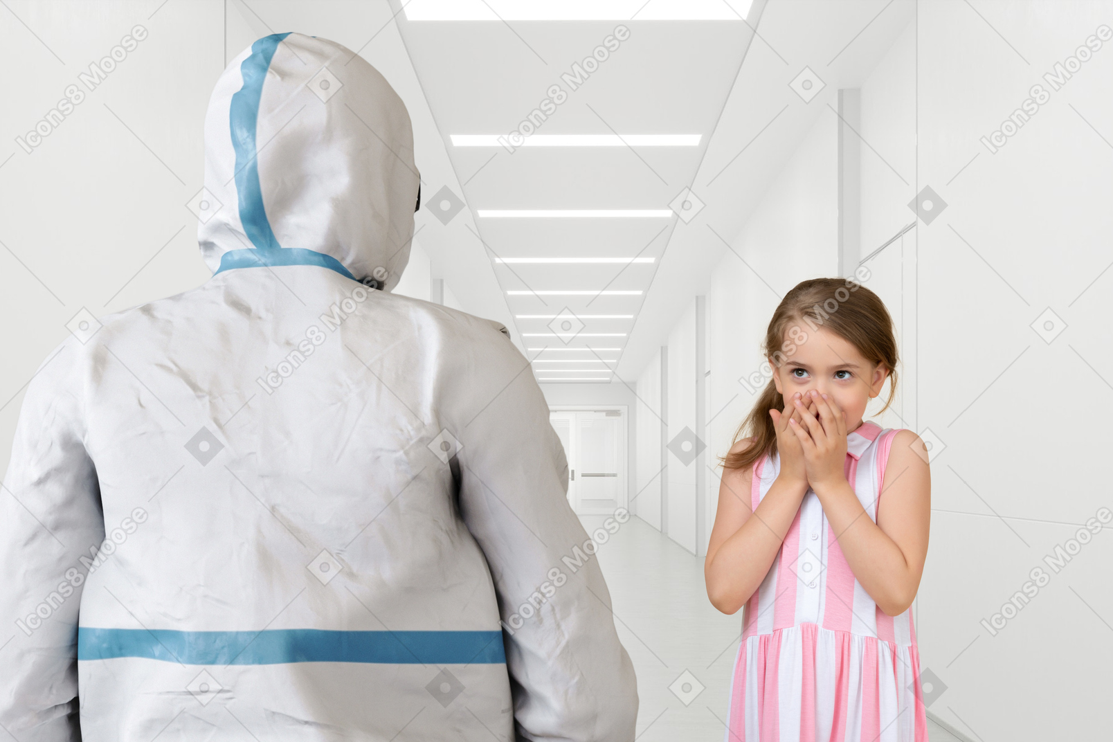 Scared girl looking at person in protective suit