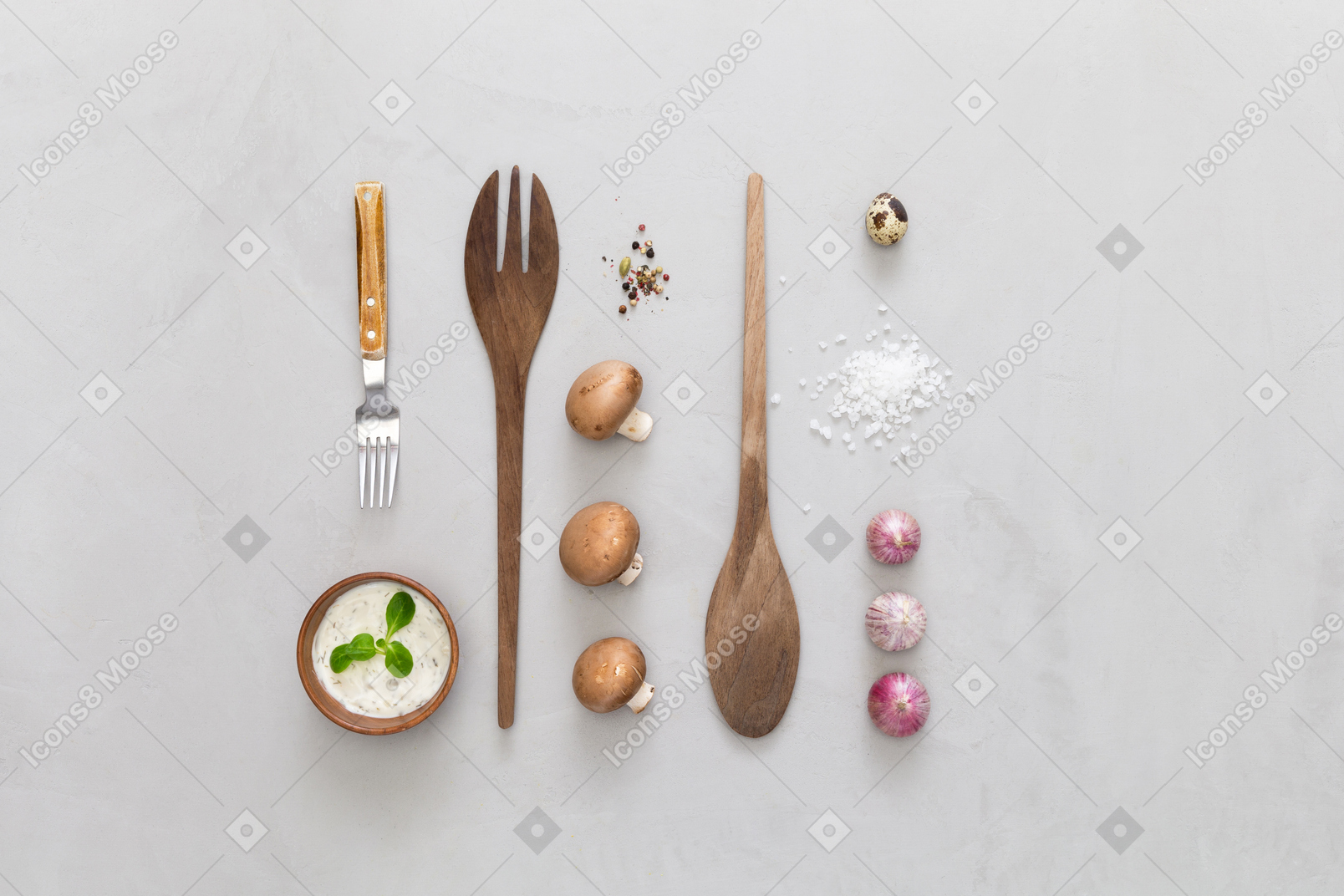 Wooden kitchenware and spices, champignons and spices
