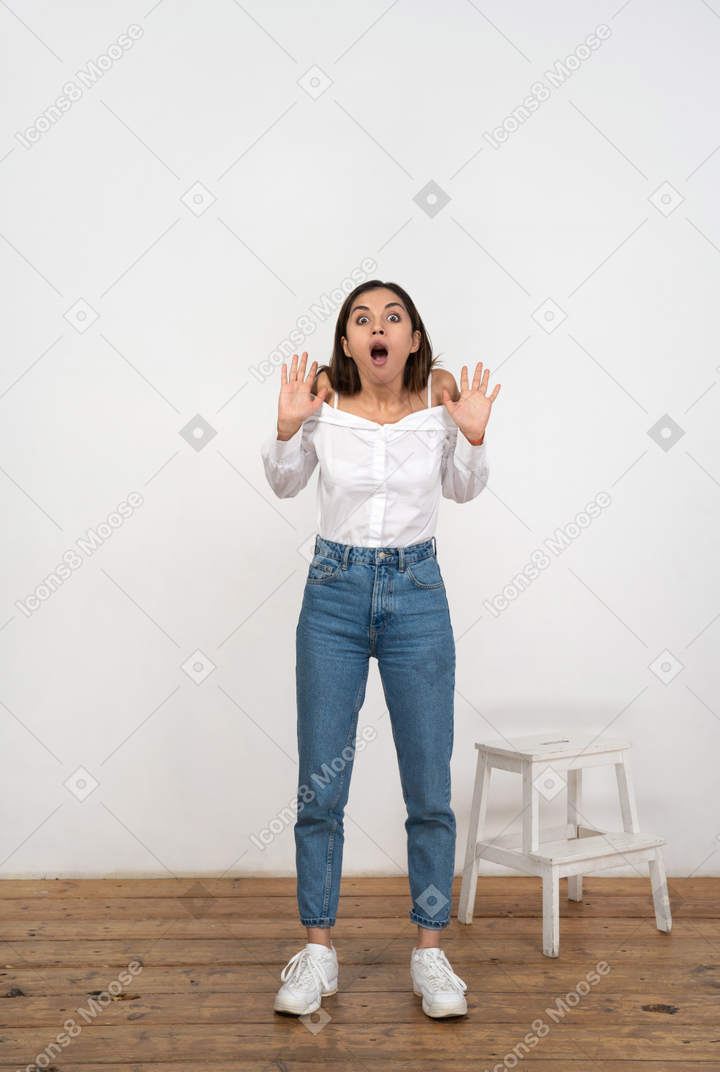 Shocked woman in white shirt and jeans
