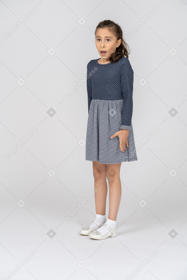 Three-quarter view of a girl hunching up looking shocked and offended