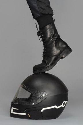 A human feet on a helmet