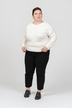Surprised plus size woman in casual clothes