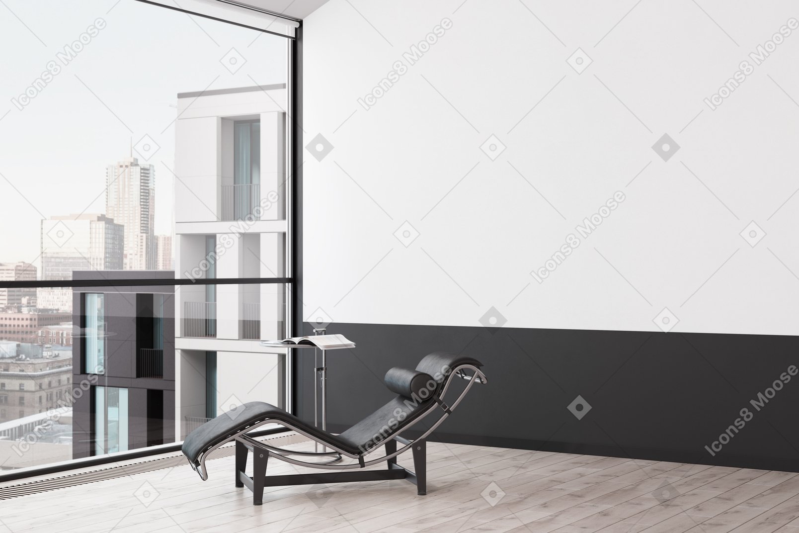 Empty room with panoramic window and reclining chair