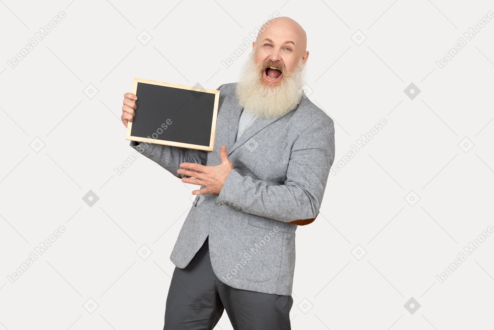 Laughing old professor holding small blackboard