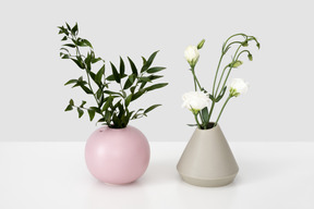 Vases en céramique avec branche verte et eustoma blanc