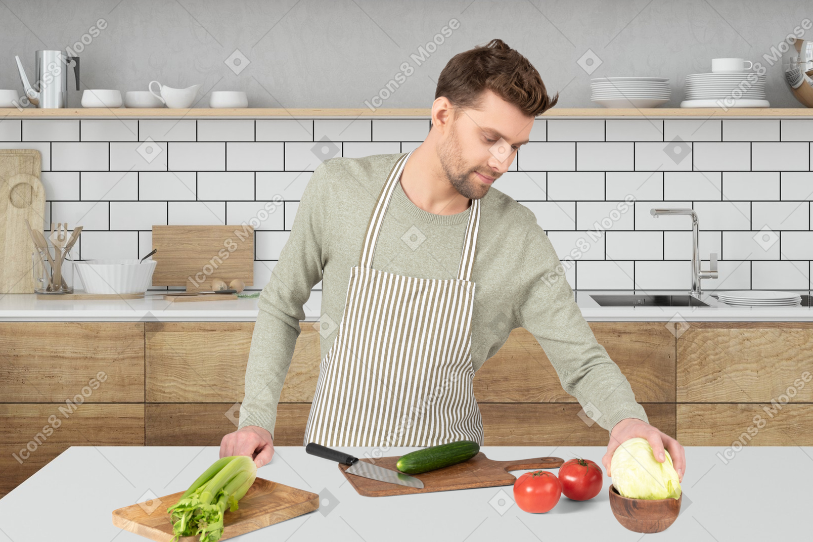 A man in an apron chopping vegetables on a cutting board