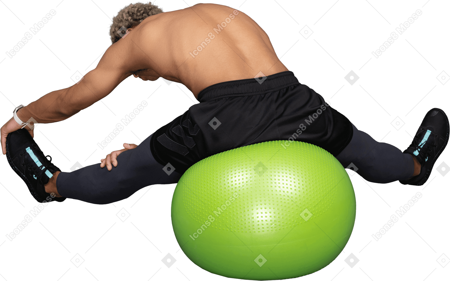Back view of a shirtless afro man stretching while sitting on a green gym ball