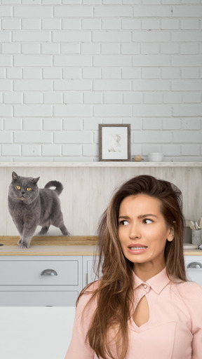 A woman standing in a kitchen with a cat on the counter