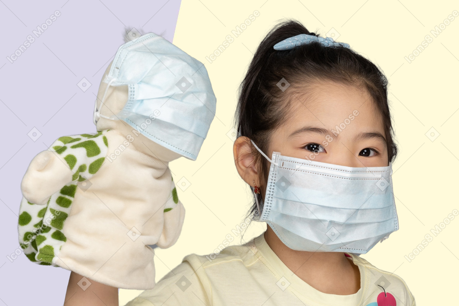 Girl and her toy wearing face masks
