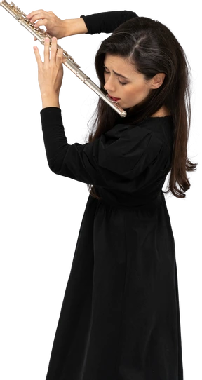 Three-quarter view of a serious young lady in black dress playing the flute