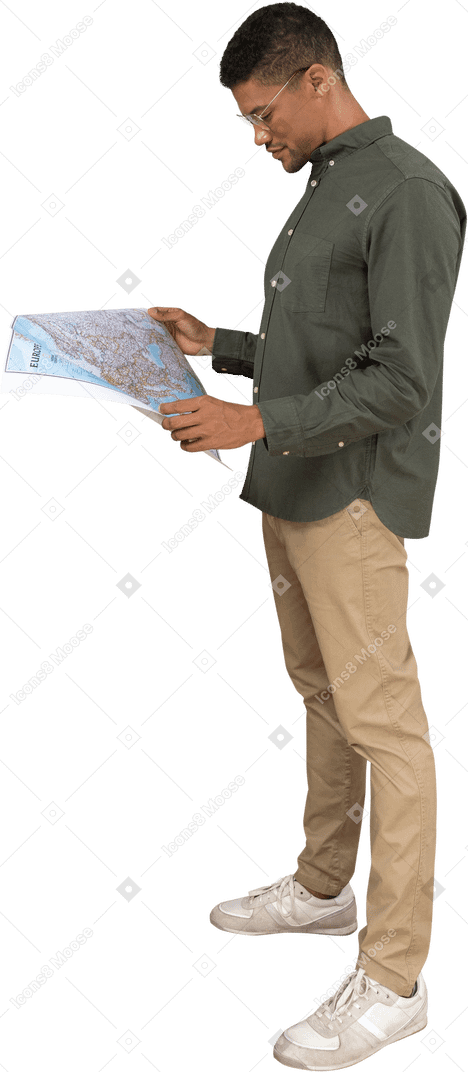 Side view of a man examining a map