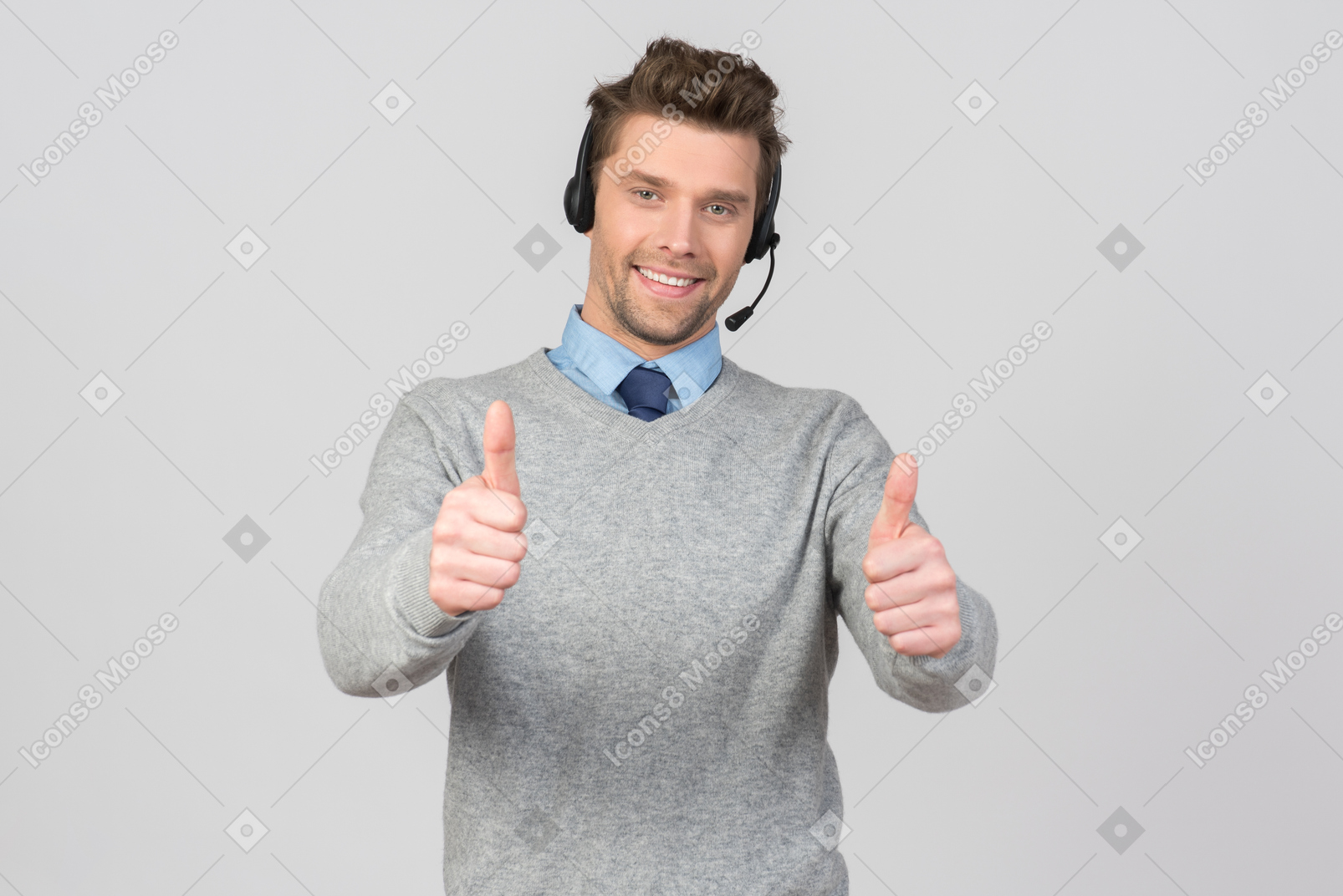 Call center agent showing thumbs up with both hands