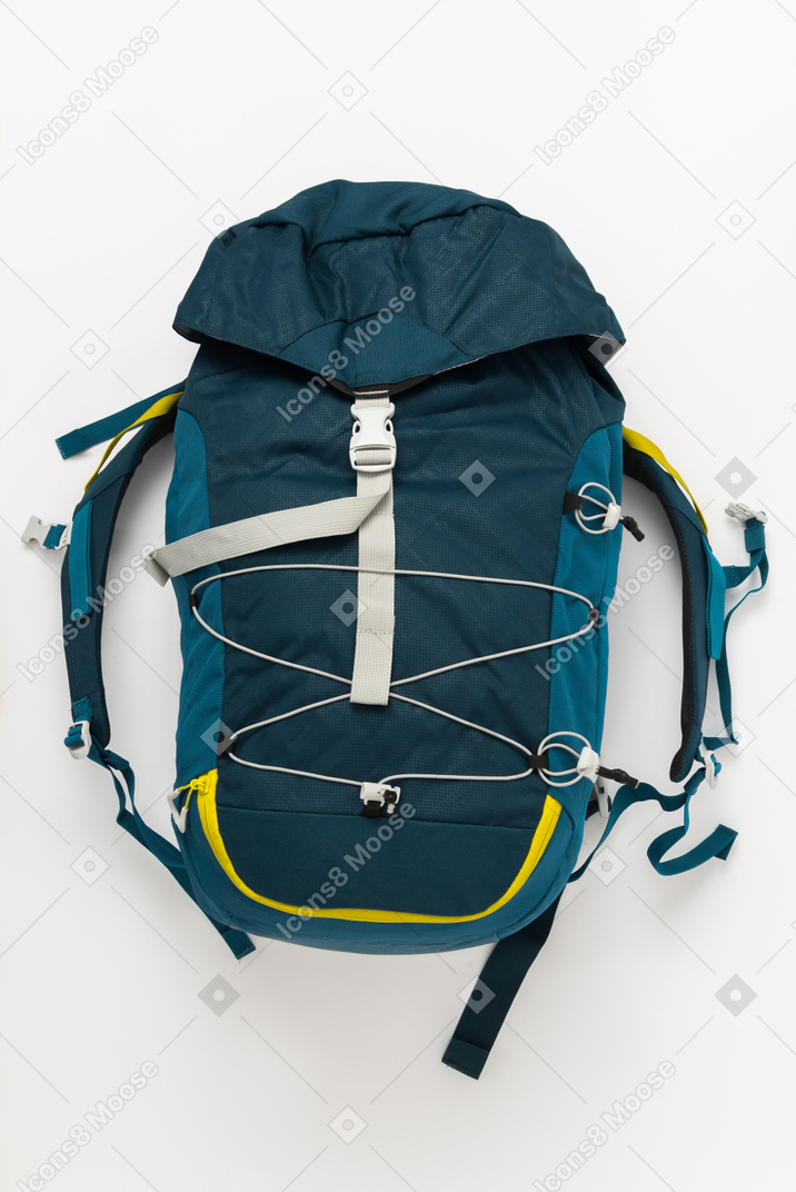 Blue tourist backpack on white background