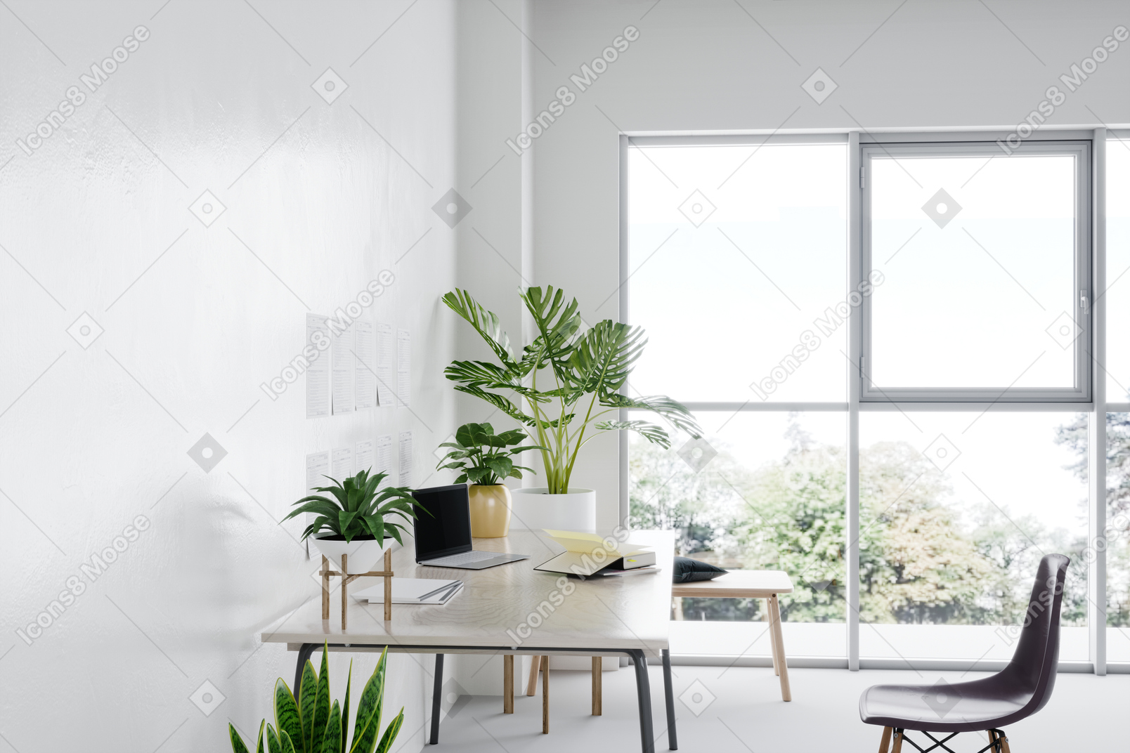 White room with desk, chair and laptop