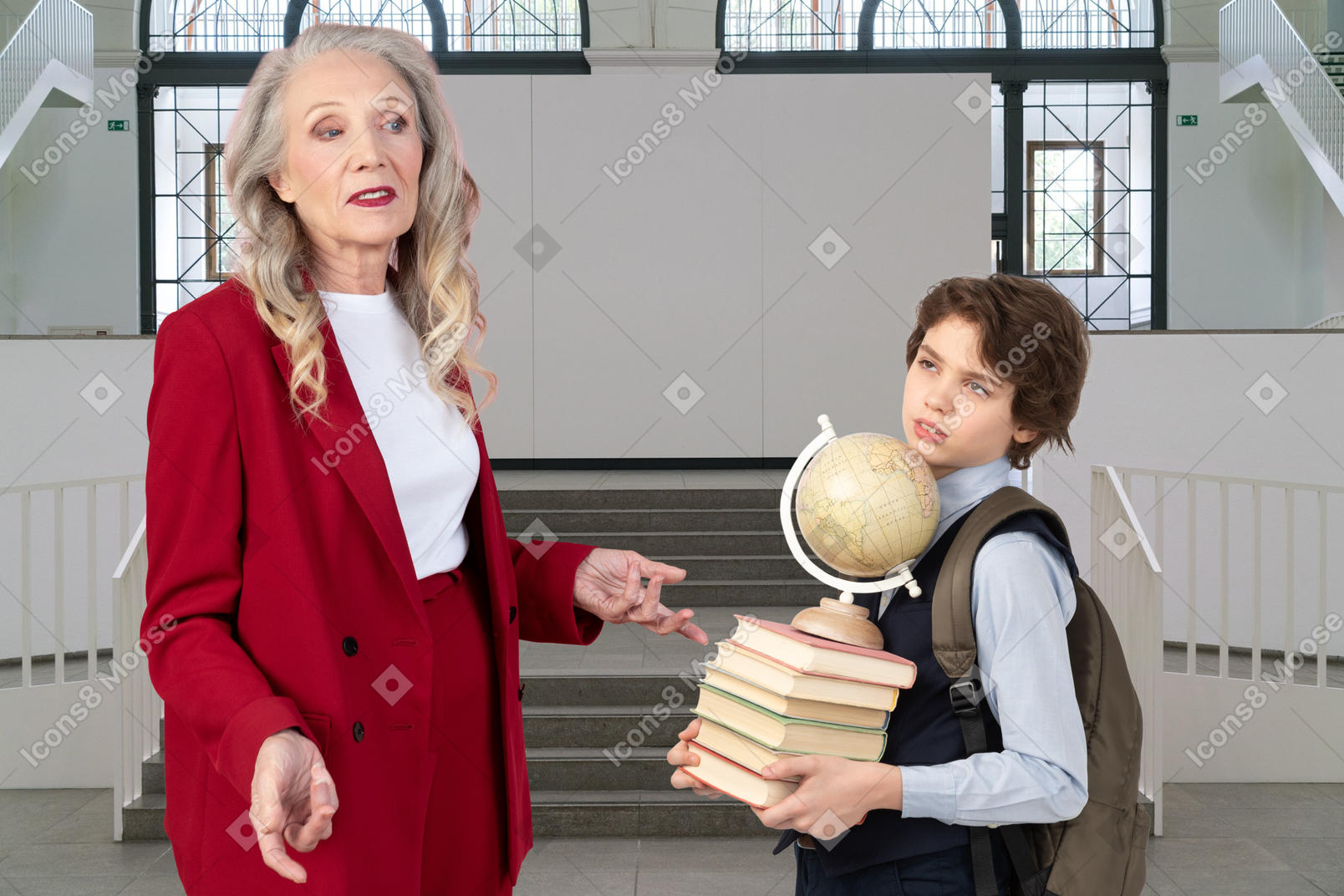 A schoolboy holding stack of books and a globe standing next to an older woman at school