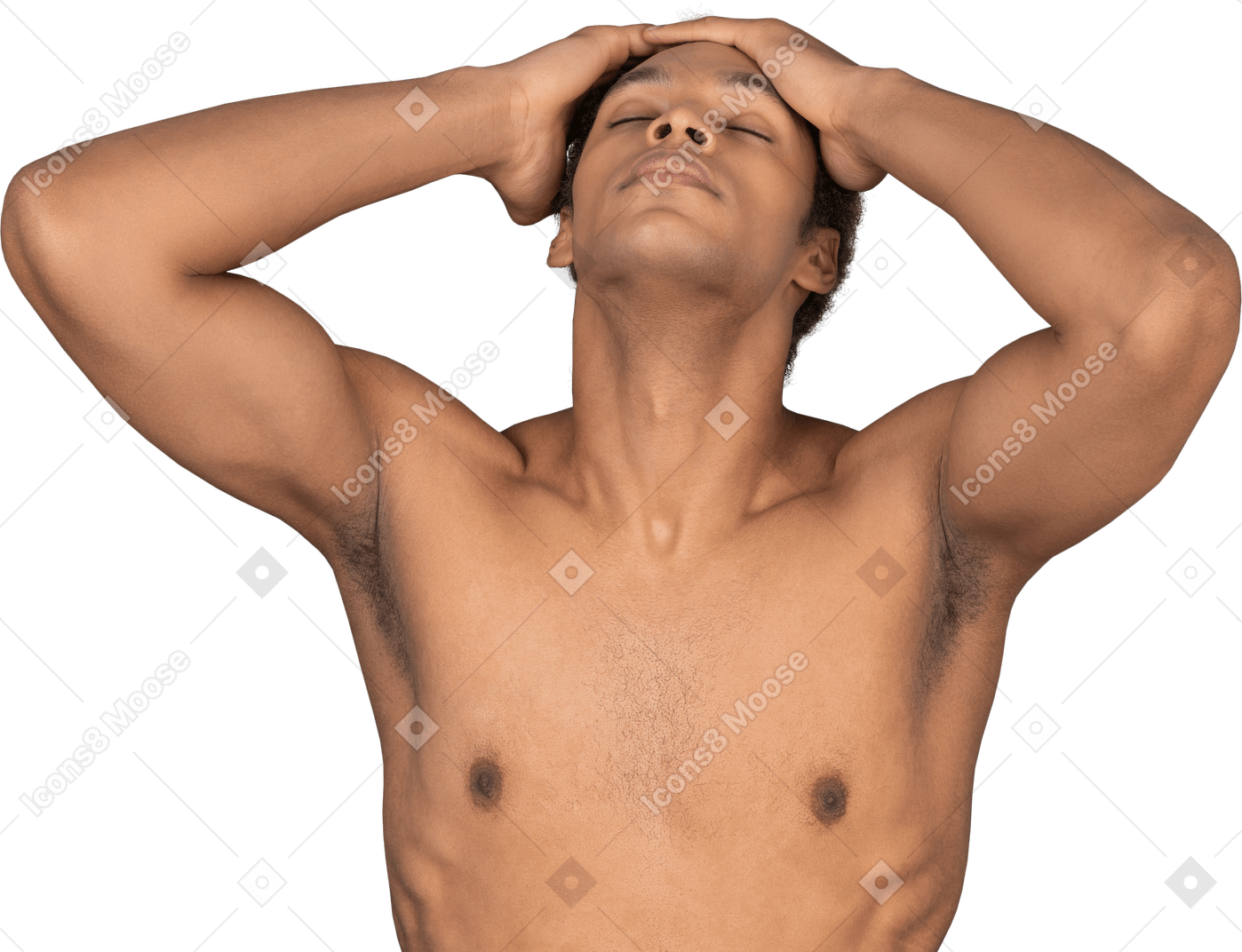 Front view of a shirtless afro man touching his head