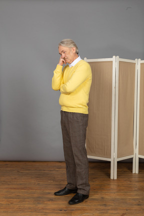 Vista di tre quarti di un uomo anziano premuroso vicino allo schermo che tocca il mento