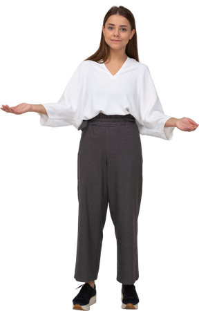 Front view of a young lady in office clothing outspreading hands