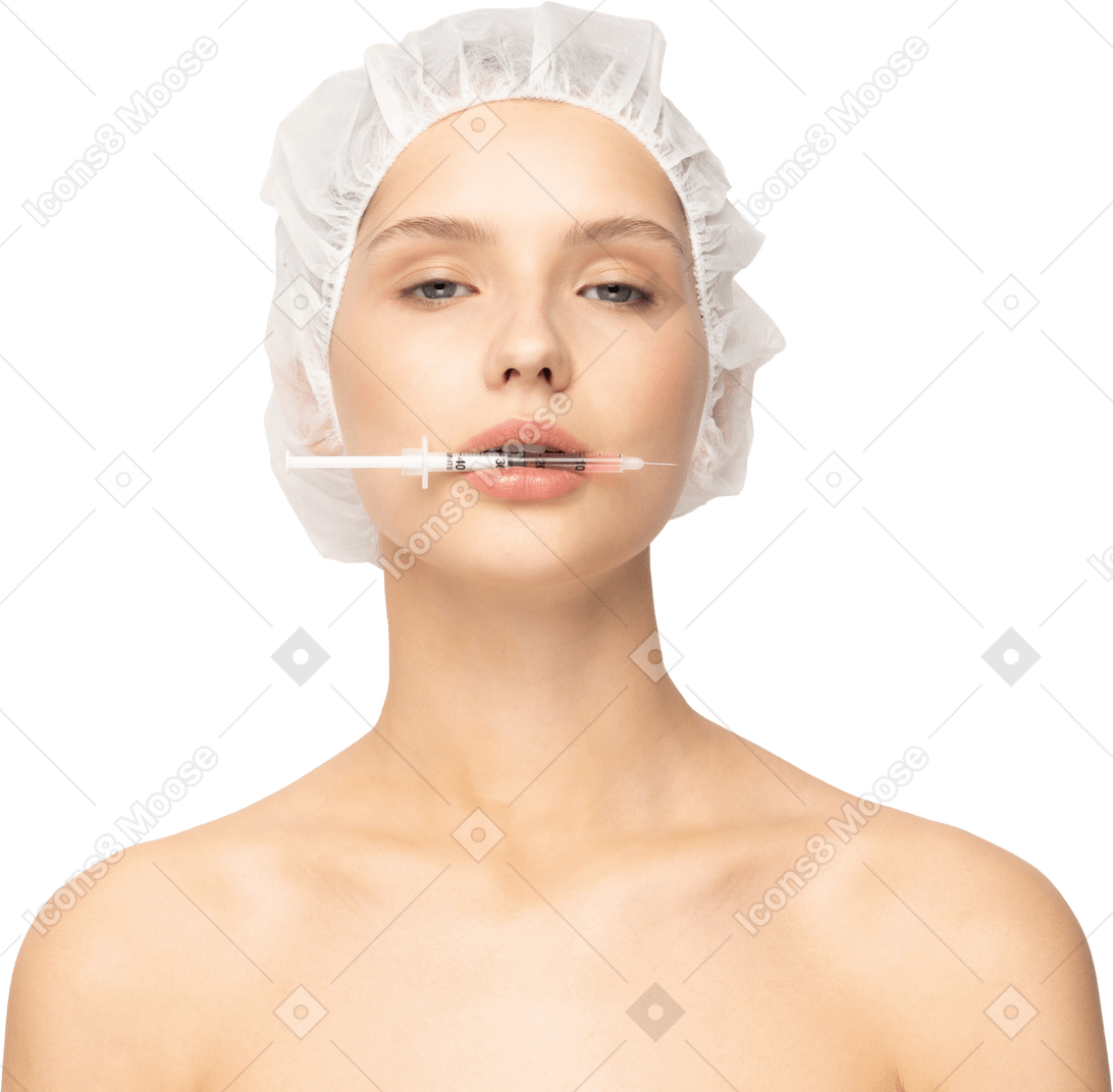 Woman holding syringe in her mouth