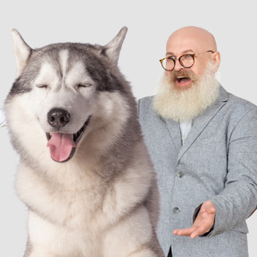 Portrait d'un homme barbu et son chien