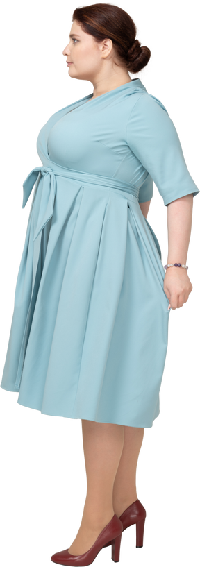 一个穿着蓝色裙子摆姿势的女人的侧视图