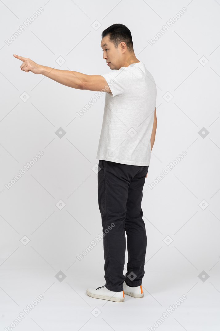 Side view of an angry man pointing at something
