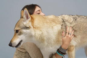 Primer plano de un perro sostenido por su maestra