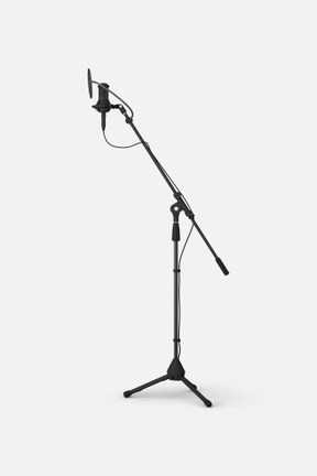 A side shot of a black telescoping microphone stand