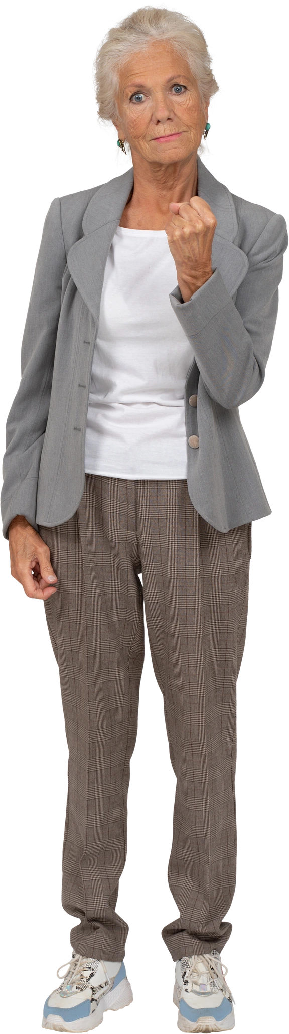 Front view of an angry old lady in suit showing fist Photo