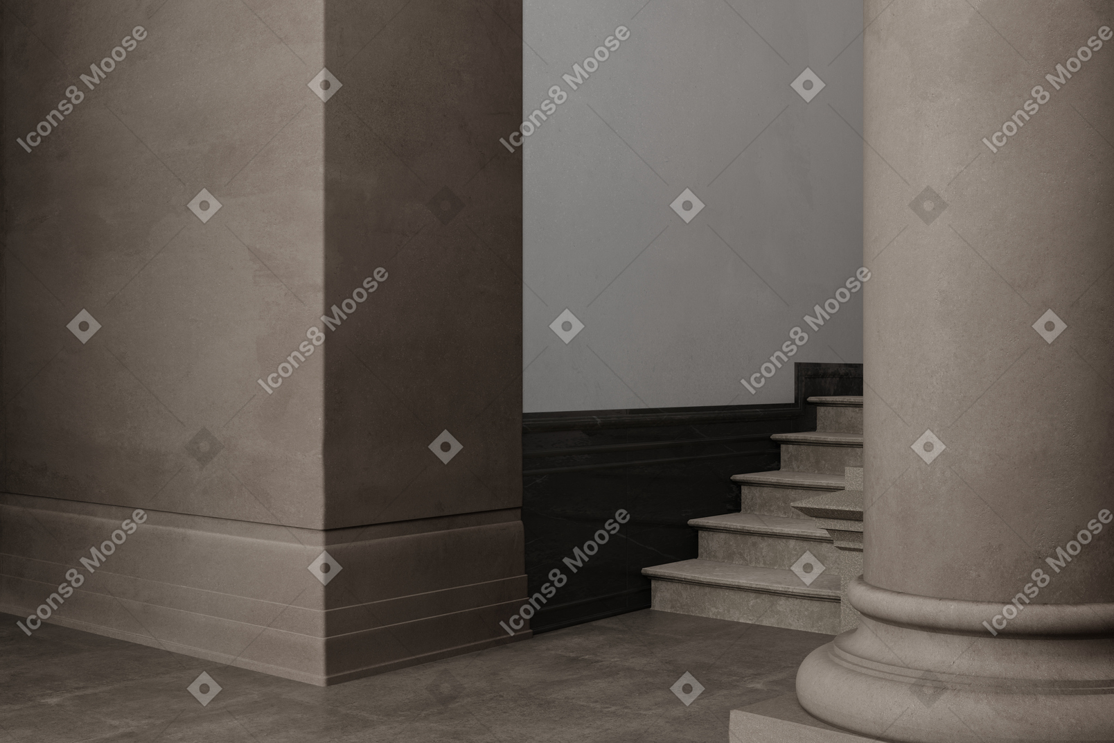 階段と柱のある茶色のインテリア