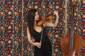 Retrato de um violinista feminino sério