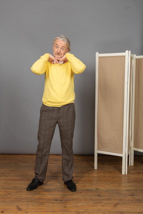 Front view of an old man putting hands under chin