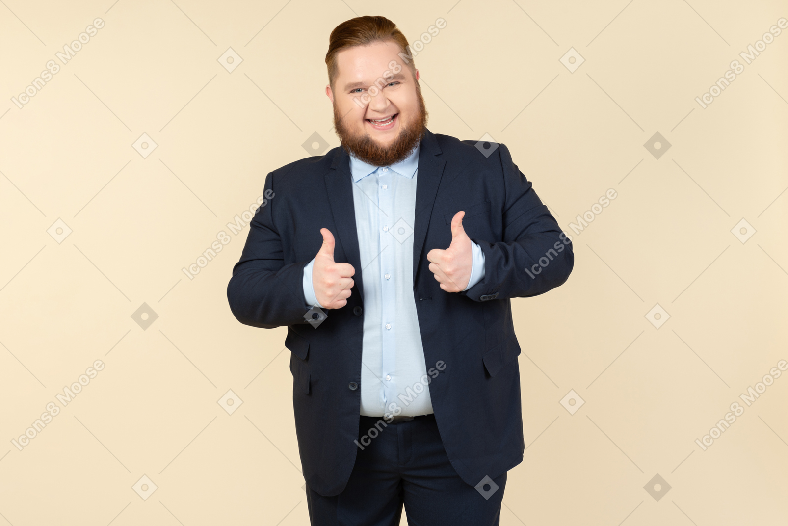 Laughing young overweight man in suit showing thumbs up with both hands