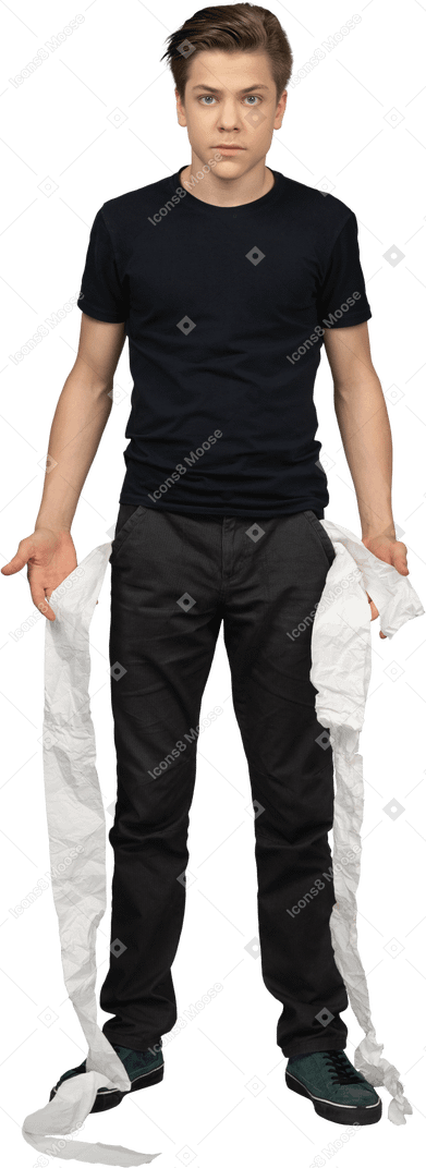 Young man guessing where toilet paper in his pockets from