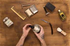 Holding jar with shaving cream foam