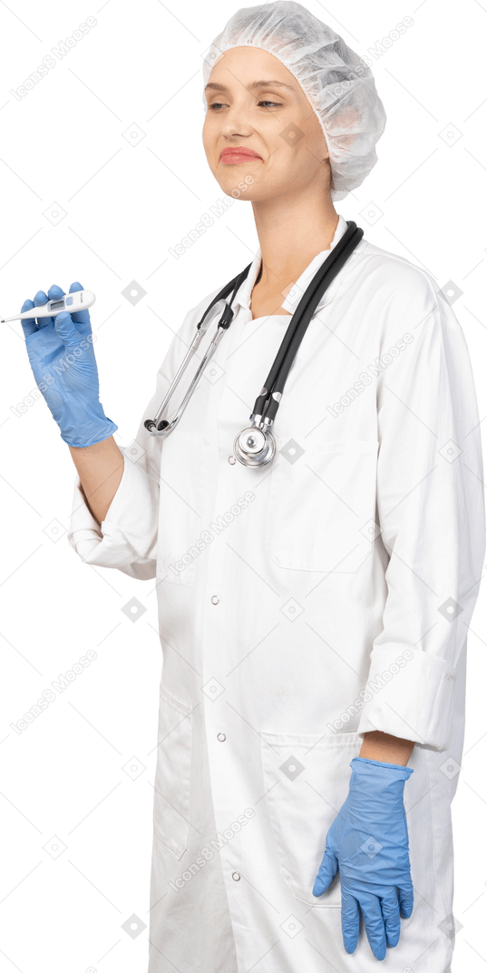 Vista di tre quarti di una giovane dottoressa con lo stetoscopio che tiene il termometro
