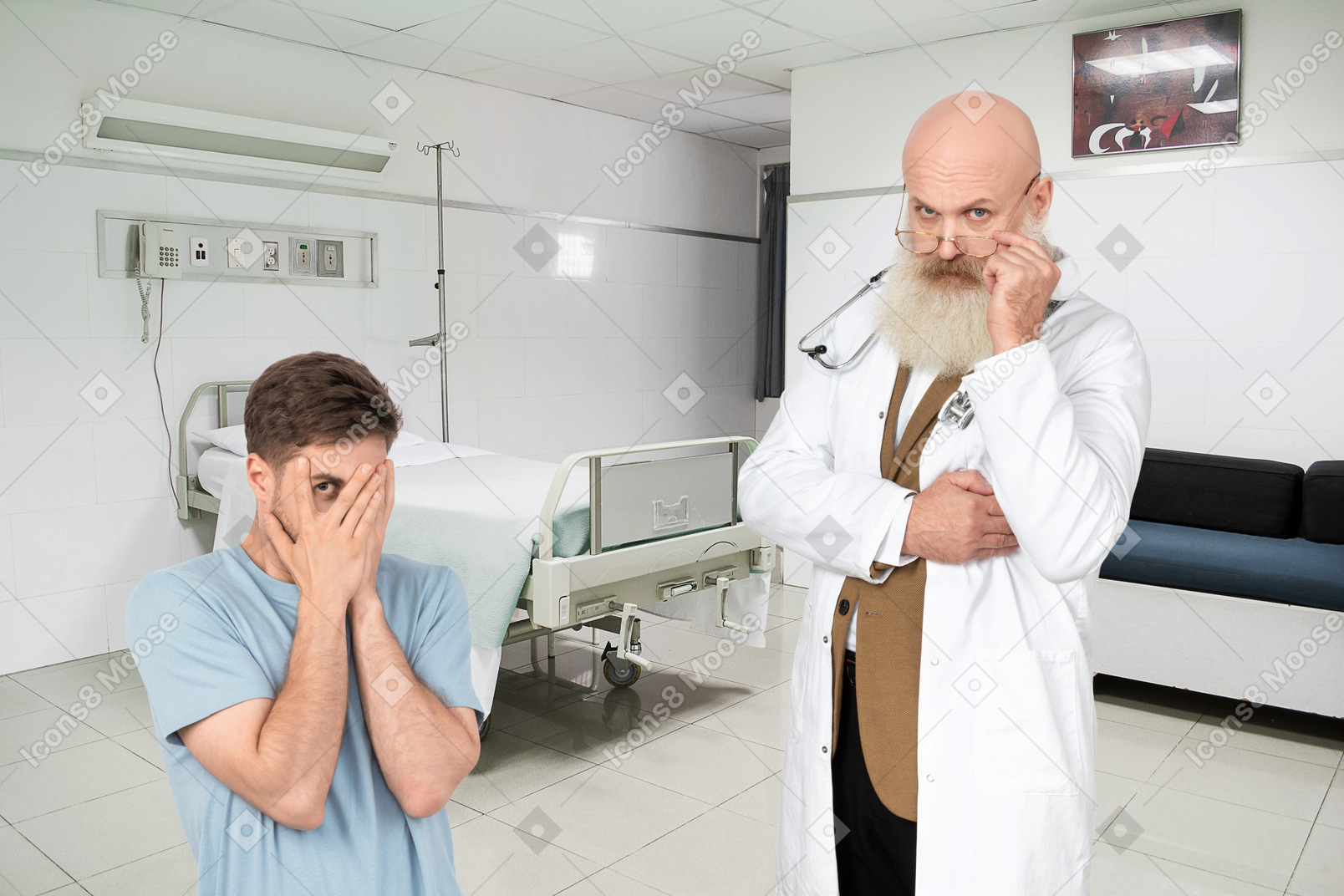 A doctor and a patient in a hospital room