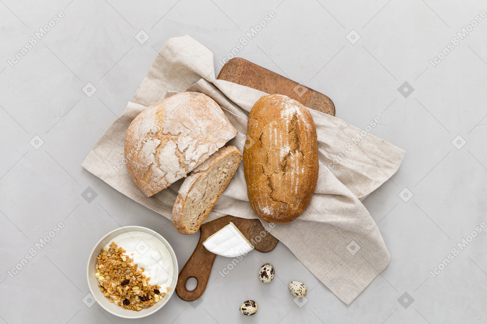 Pão, cereais e ovos