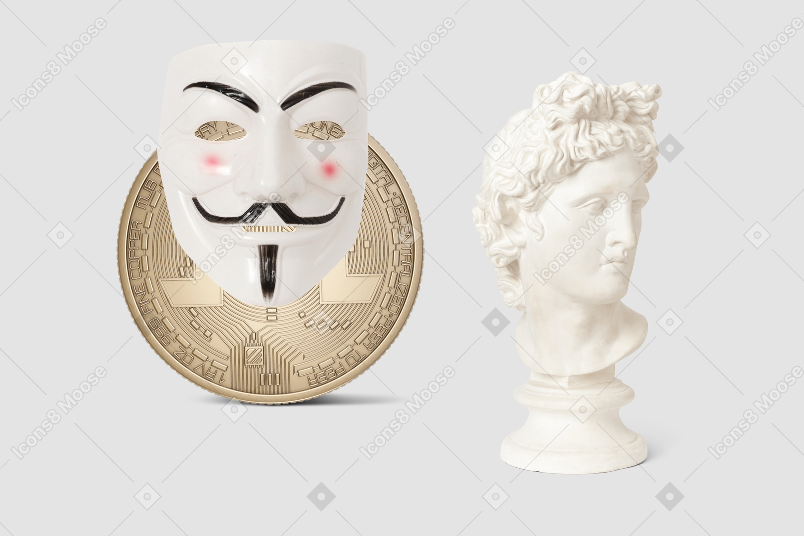 Statue bust, anonymous mask and bitcoin