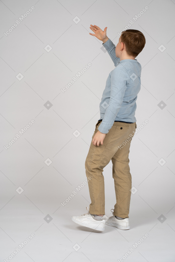 Back view of boy lifting up his hand