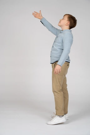 Side view of a cheerful boy pointing up with hand