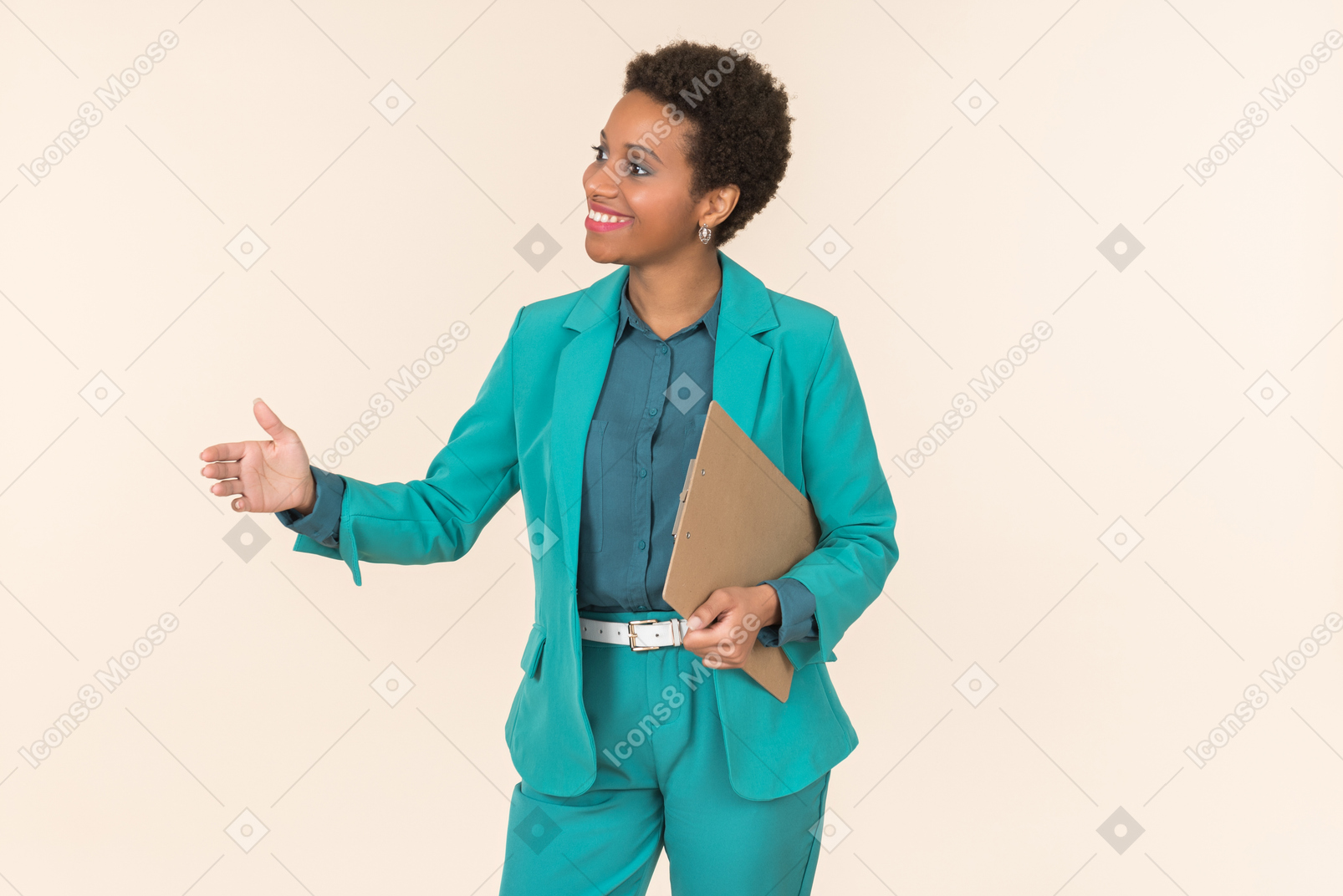Female office worker extending hand for welcoming and holding folder