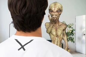 Hombre conociendo a un extraterrestre