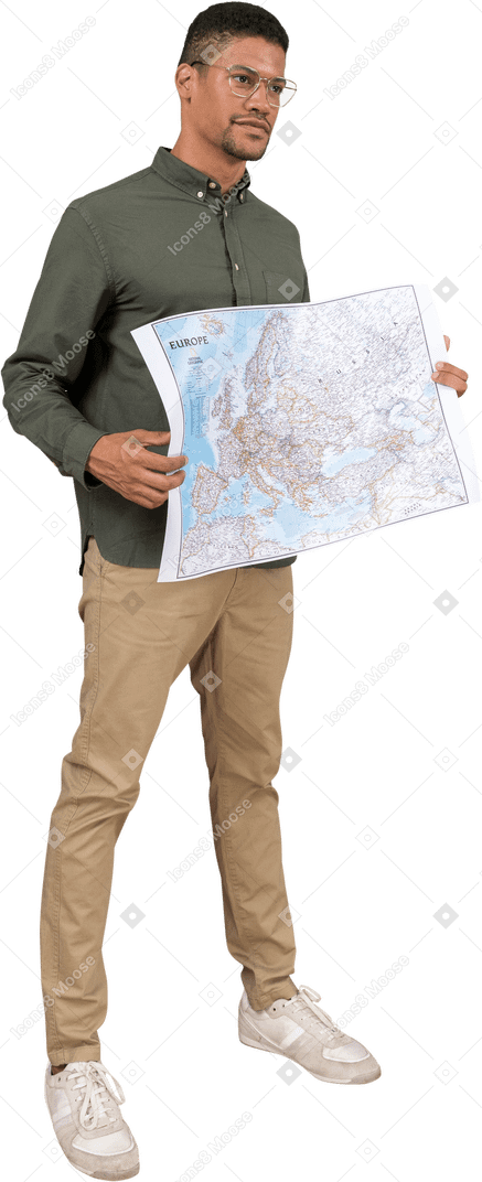 Three-quarter view of a man holding a map