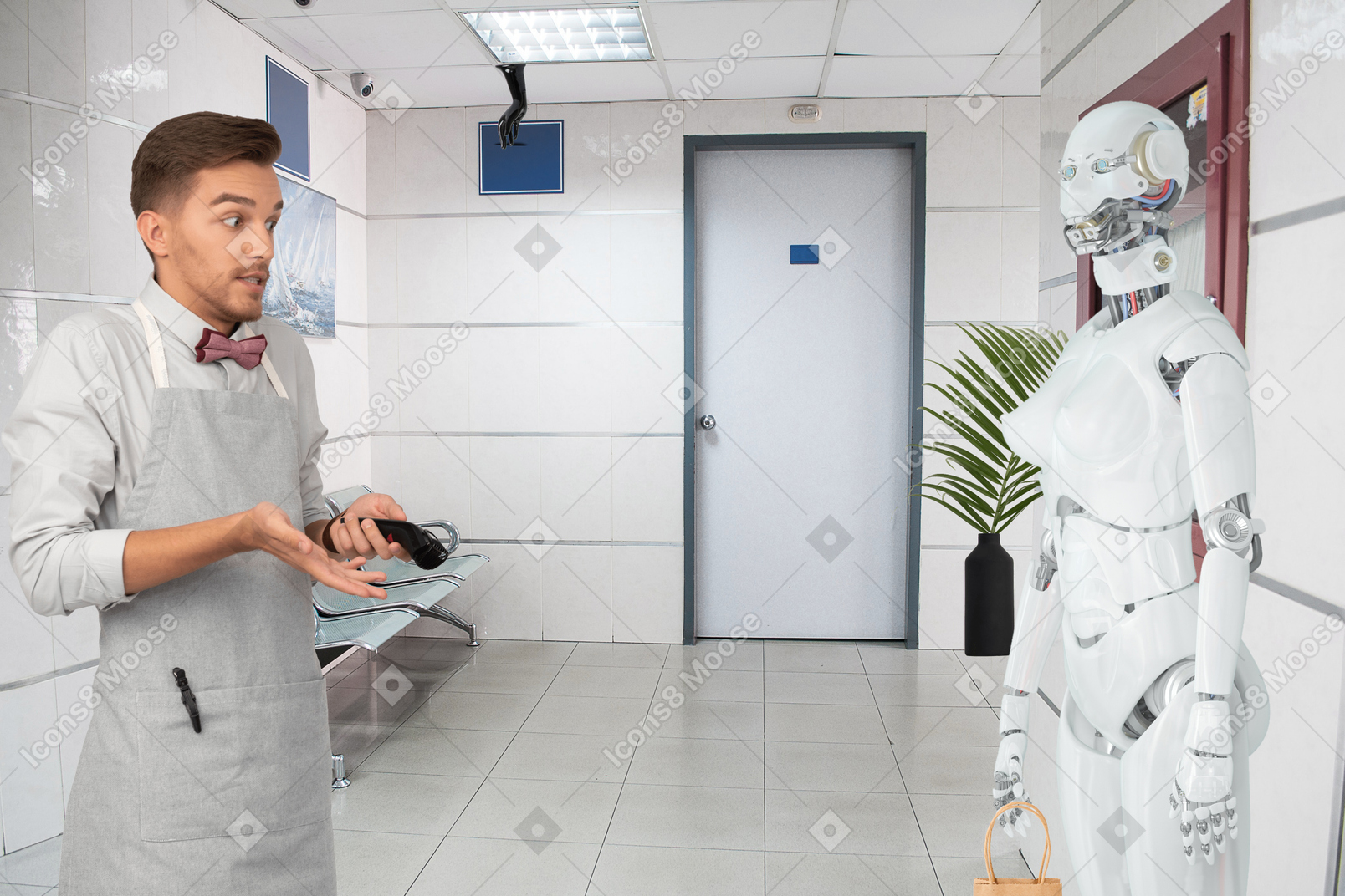 A man standing next to a robot in a room