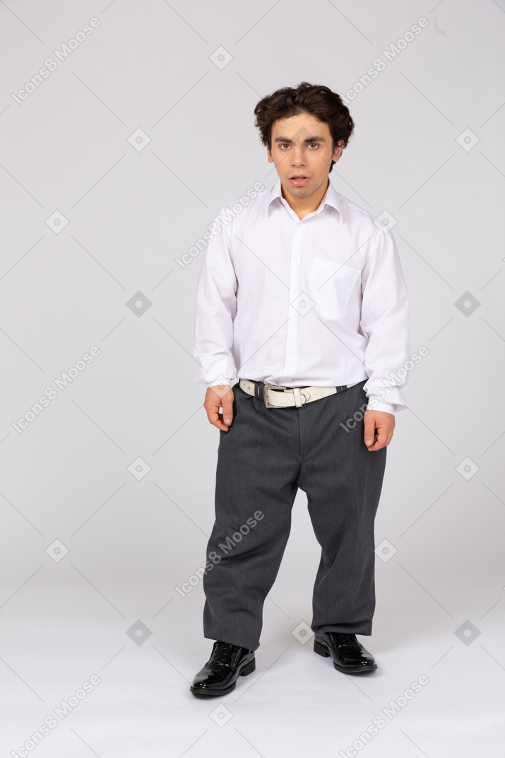 Front view of a shocked man in business casual clothes