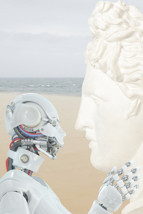 Roboter android hält kopfskulptur