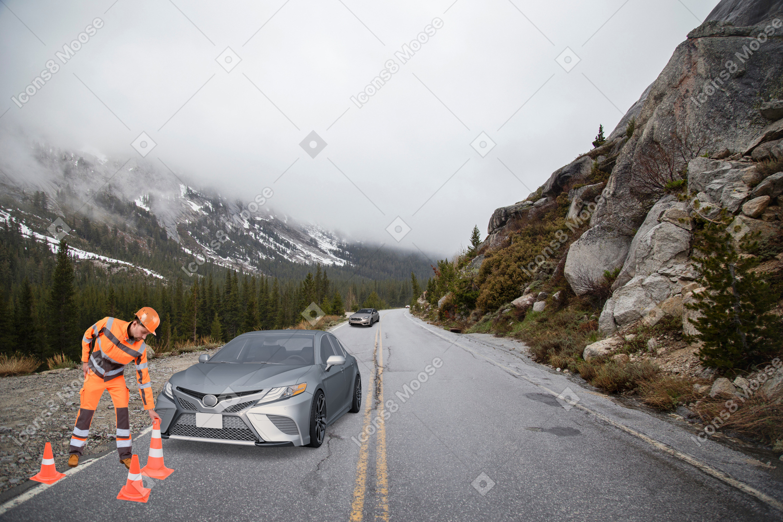 A road worker standing next to a car on the side of a road
